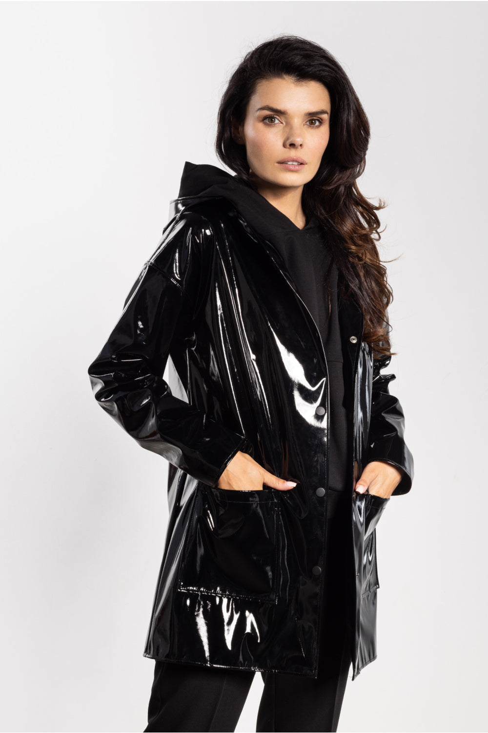 Awama Black Leather Look Hooded Jacket - view 2