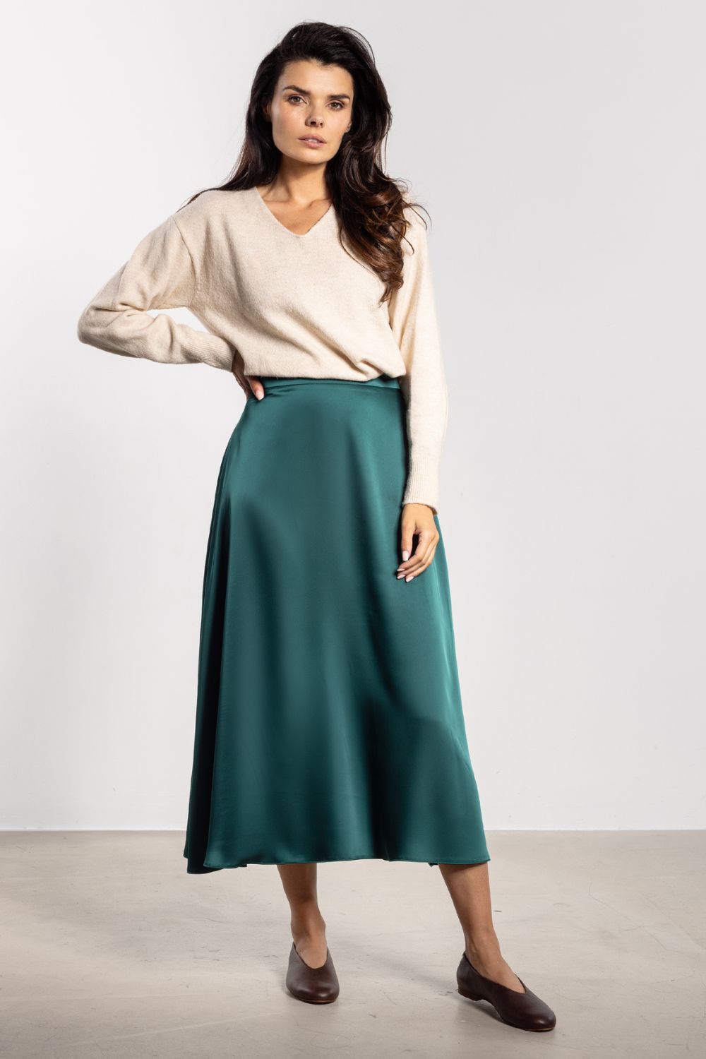 Awama Bottle Green Satin Flared Skirt