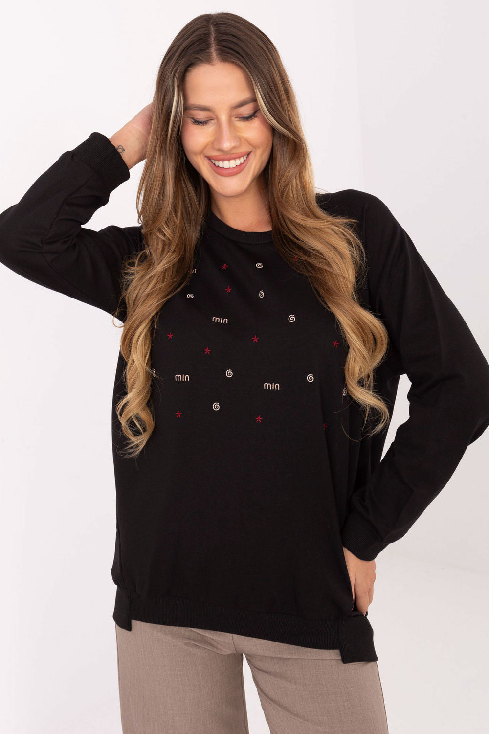 Relevance Black Round Neck Long Sleeve Cotton Sweatshirt with Embroidery