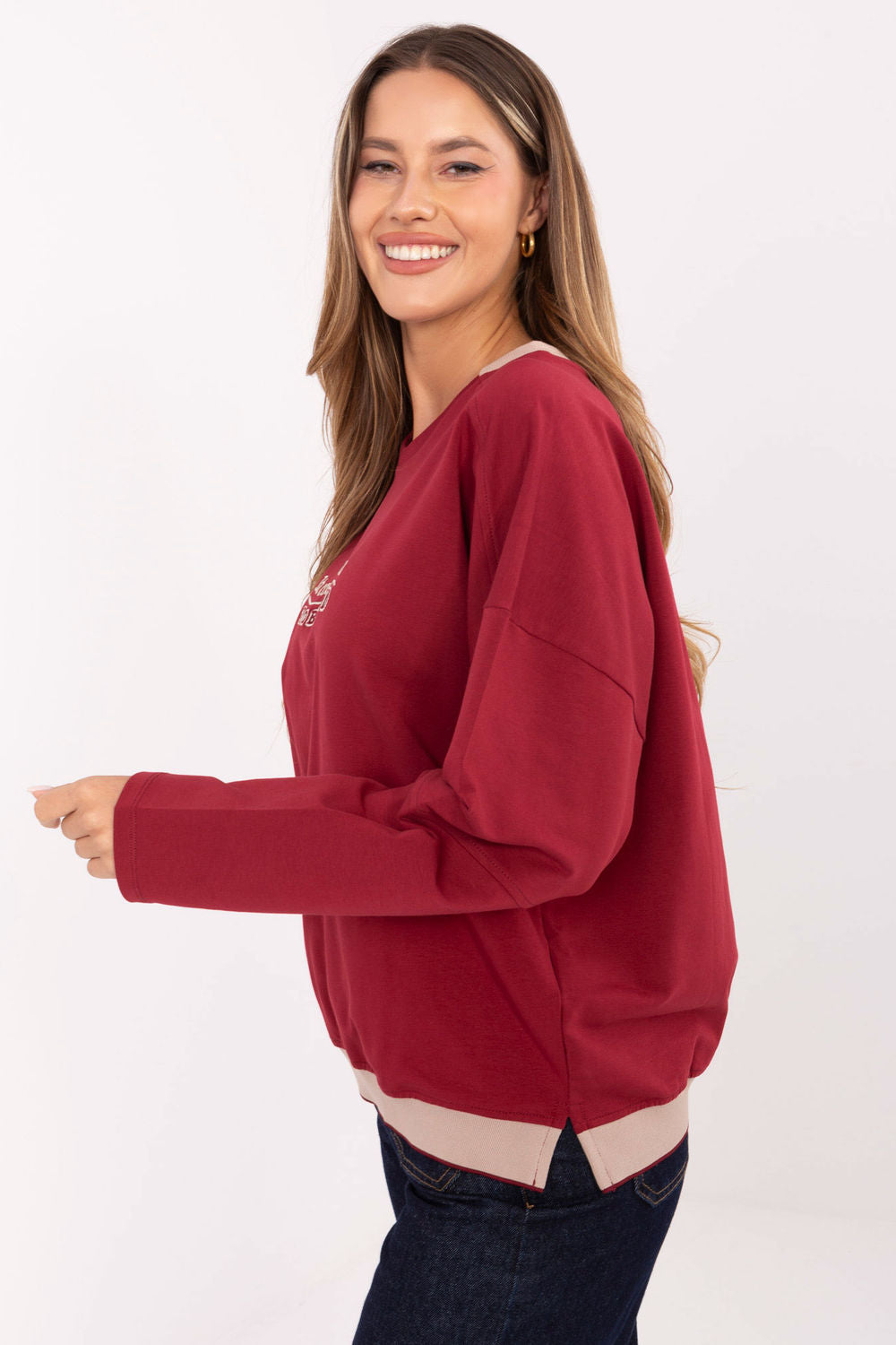 Relevance Burgundy Long Sleeve Cotton Sweatshirt with Embroidery - view 2