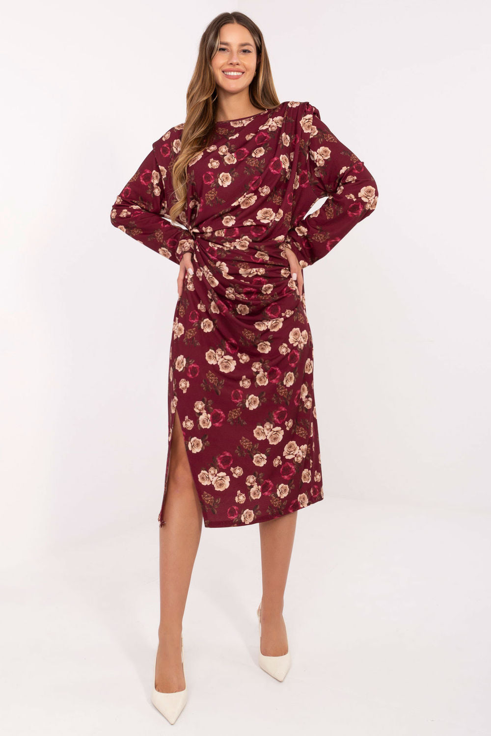 Rue Paris Burgundy Midi Floral Dress
