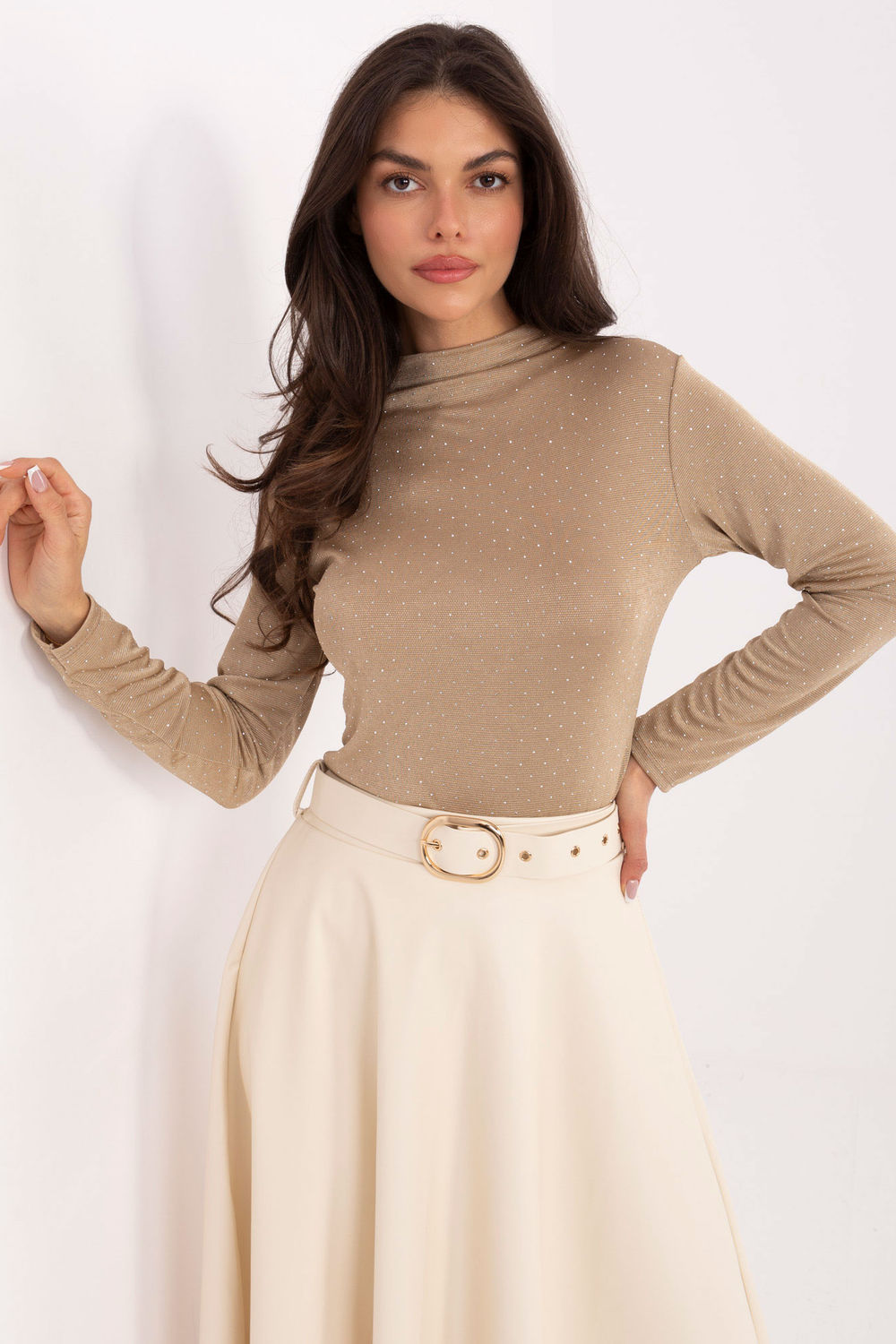 Rue Paris Dark Beige Roll Neck Bodycon Long Sleeve Blouse