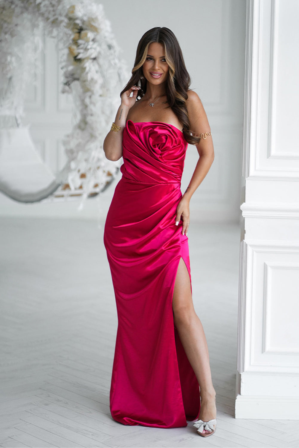 Bicotone Red Satin Bodycon Maxi Dress