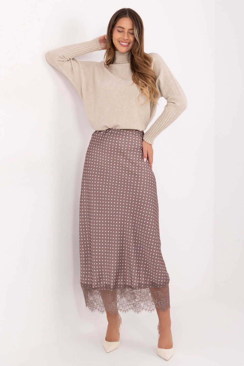 Rue Paris Dark Beige Lace Polka Dot Maxi Skirt