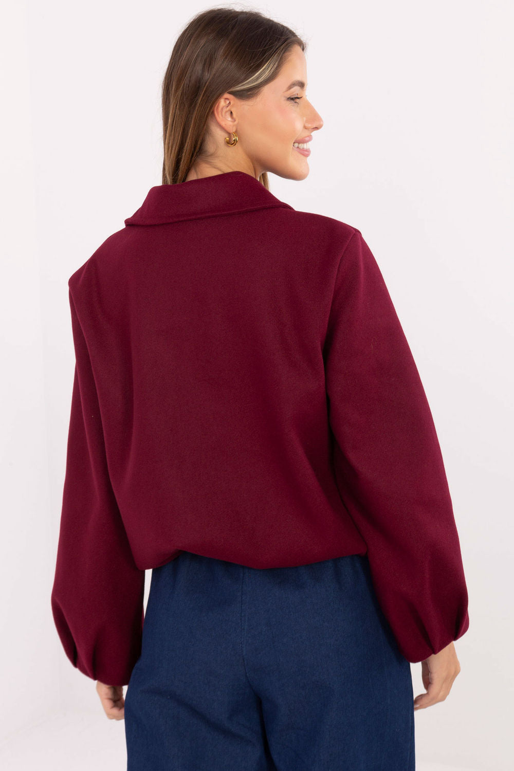 Rue Paris Burgundy Zip Up Puff Sleeve Jacket - view 3