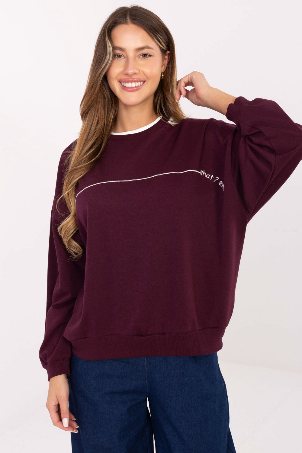 Relevance Burgundy Round Neck Oversized Long Sleeve Sweatshirt