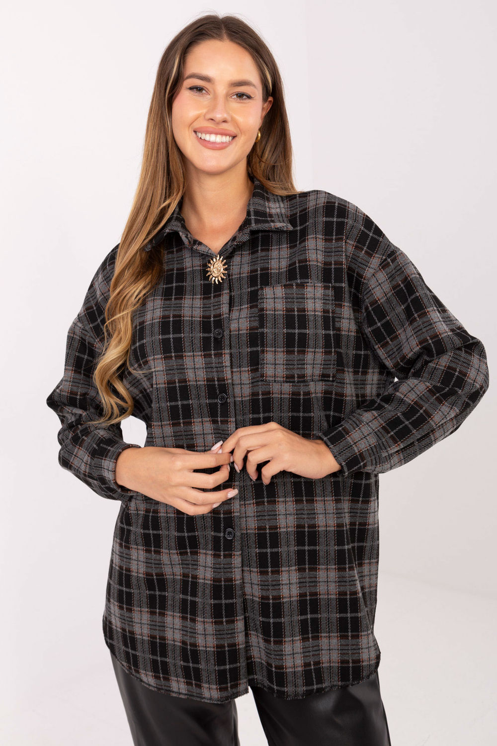 Italy Moda Black Collared Polyester Long Sleeve Top