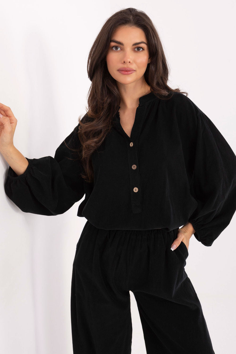 Italy Moda Black Stand Collar Puff Sleeve Blouse