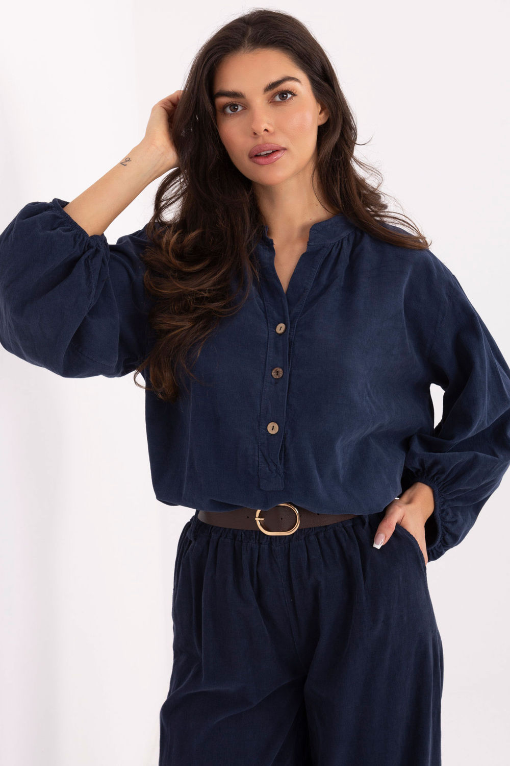 Italy Moda Navy Puff Sleeve Blouse