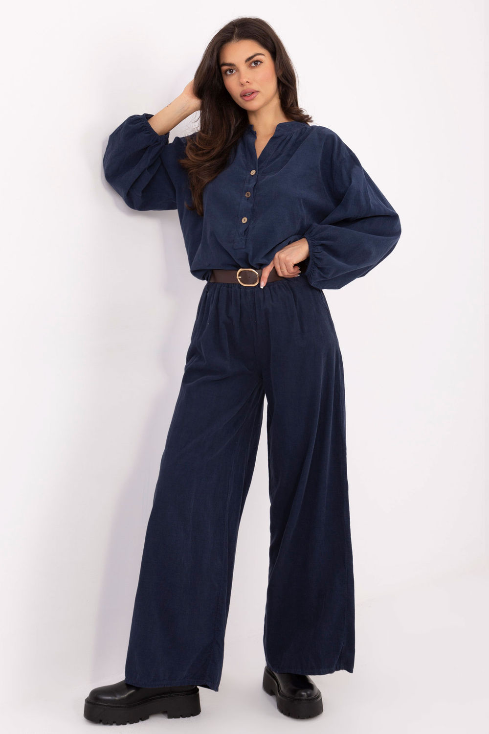 Italy Moda Navy Wide Leg High Waisted Corduroy Trousers
