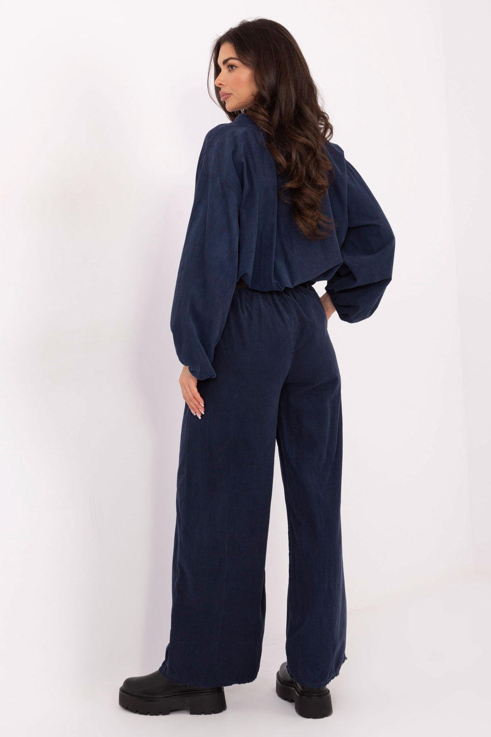 Italy Moda Navy Wide Leg High Waisted Corduroy Trousers - view 3