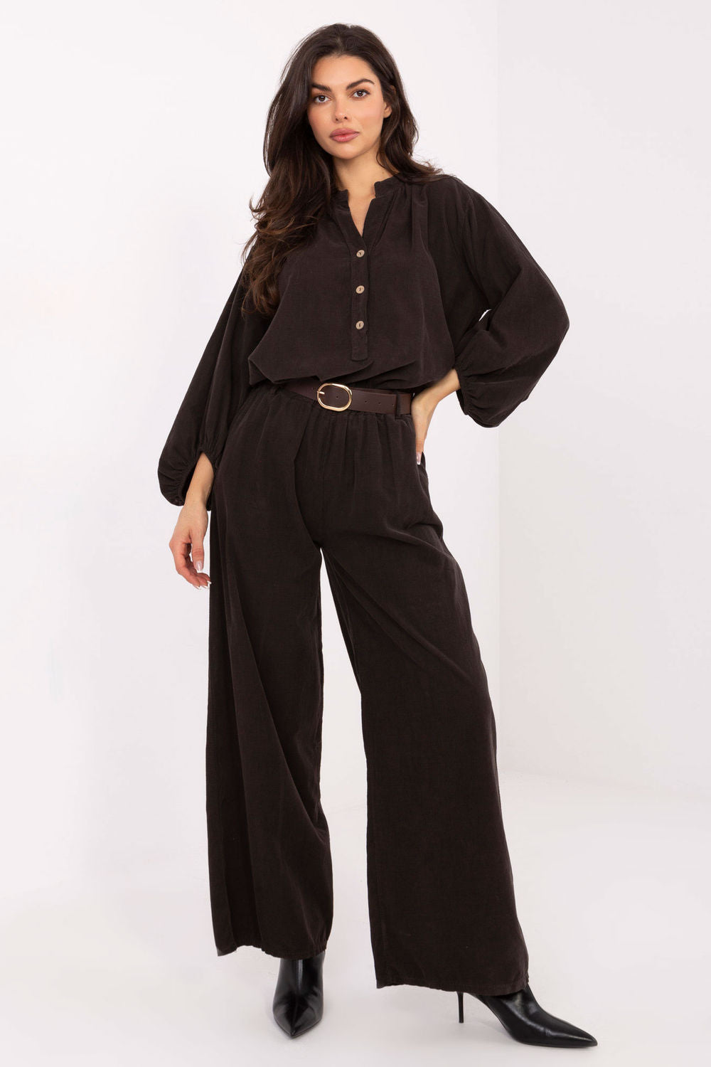 Italy Moda Dark Brown Wide Leg High Waisted Corduroy Trousers