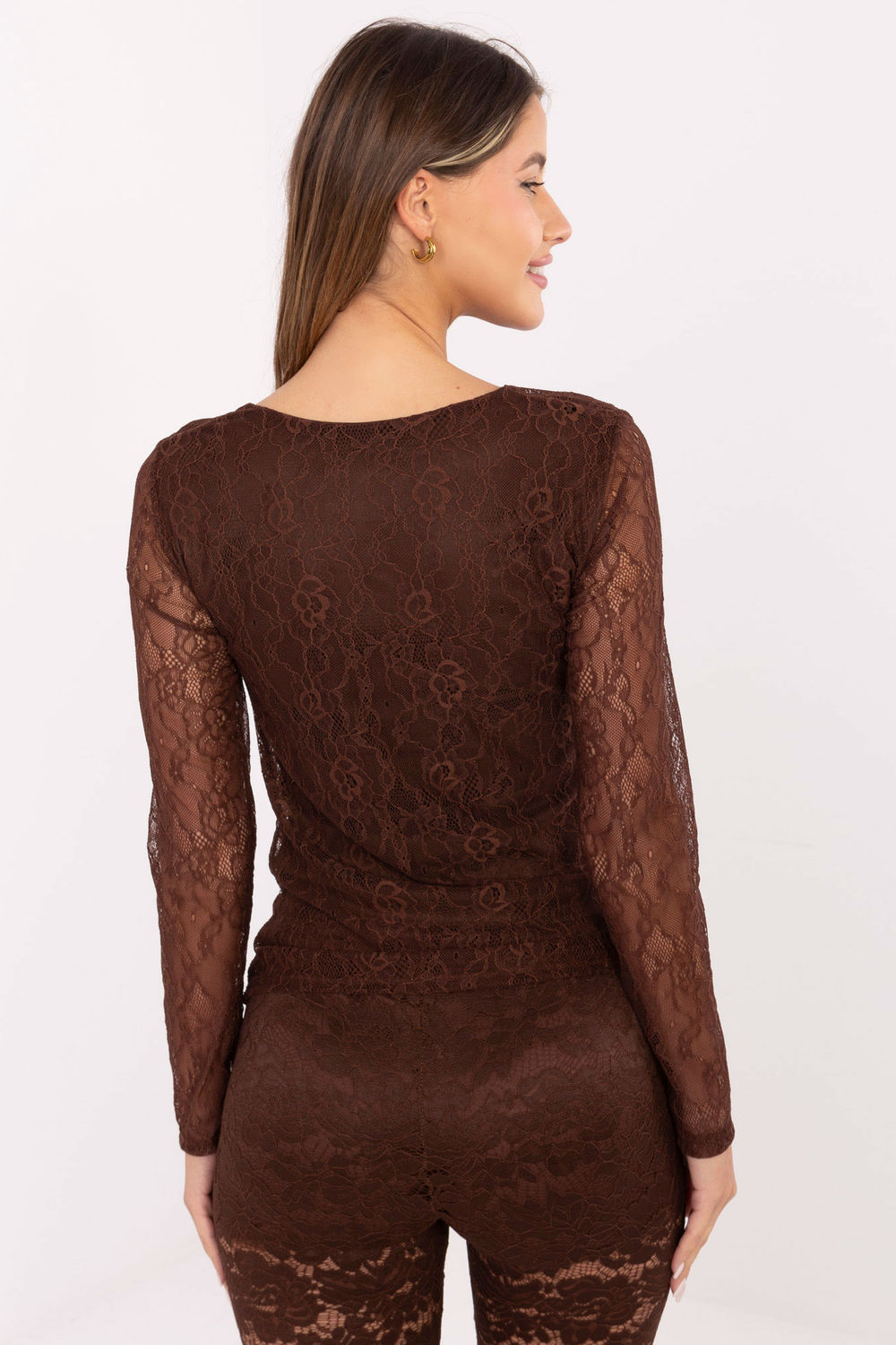 Italy Moda Brown Pleated Long Sleeve Lace Blouse - view 3