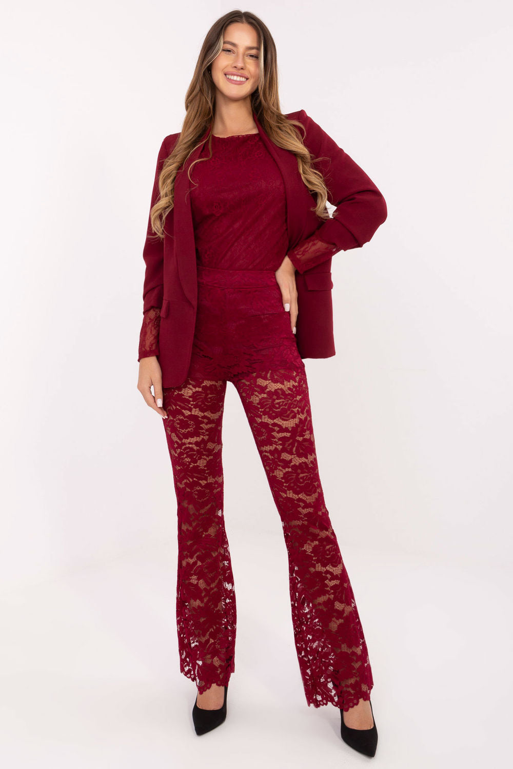 Italy Moda Burgundy High Waisted Lace Trousers