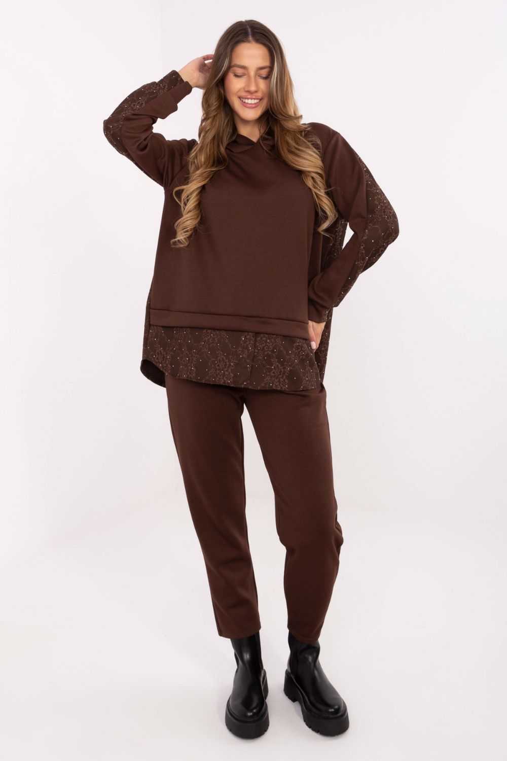 Italy Moda Dark Brown Lace Co-Ord Set - view 3