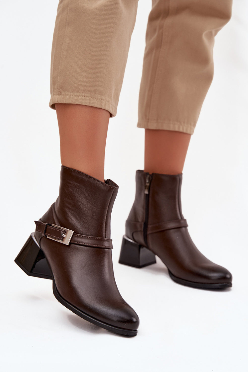 Step In Style Zazoo Chocolate Leather Block Heel Heeled Ankle Boots with Zip