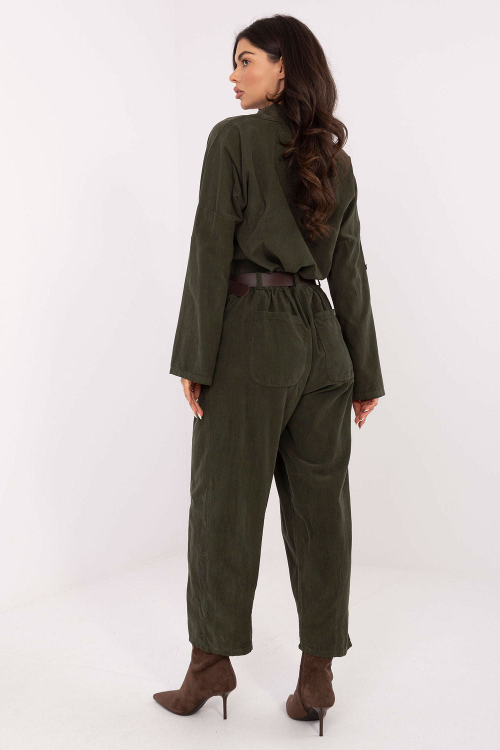 Italy Moda Khaki Loose Fit Wide Leg High Waisted Corduroy Trousers - view 3