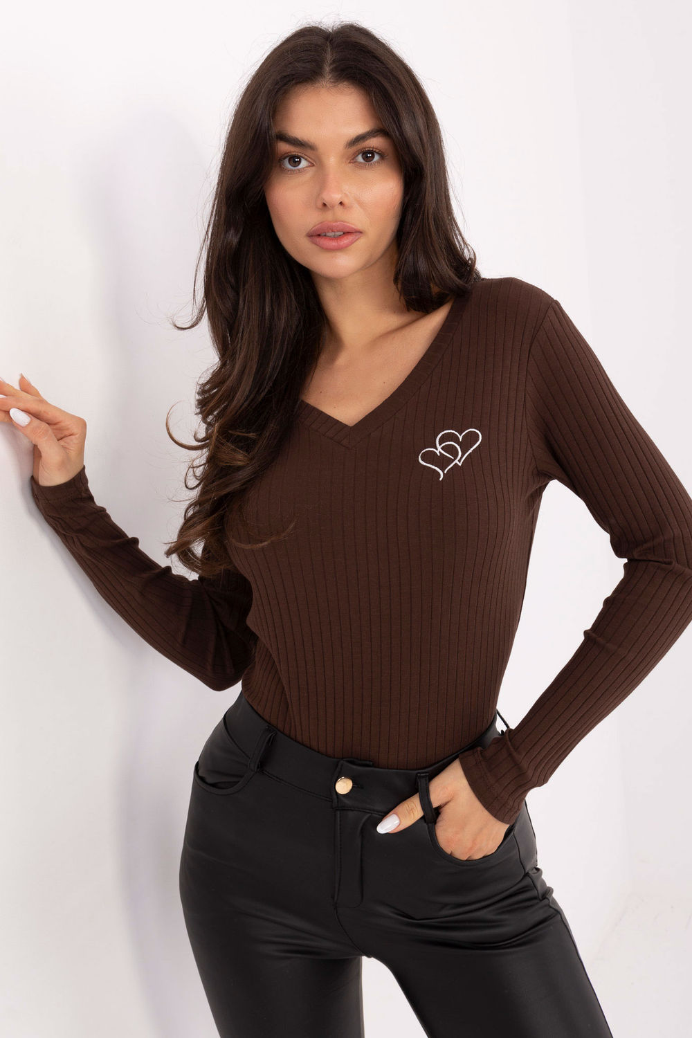 Rue Paris Dark Brown V-Neck Long Sleeve Blouse