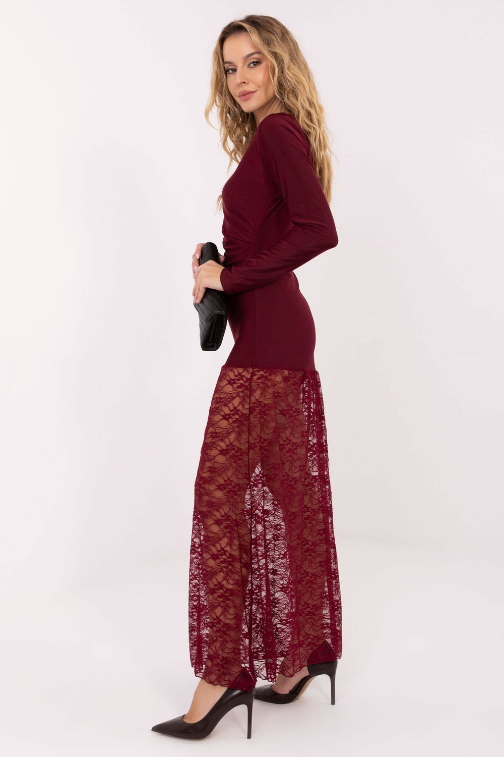 Italy Moda Burgundy Lace Pleated Maxi Dress - view 2