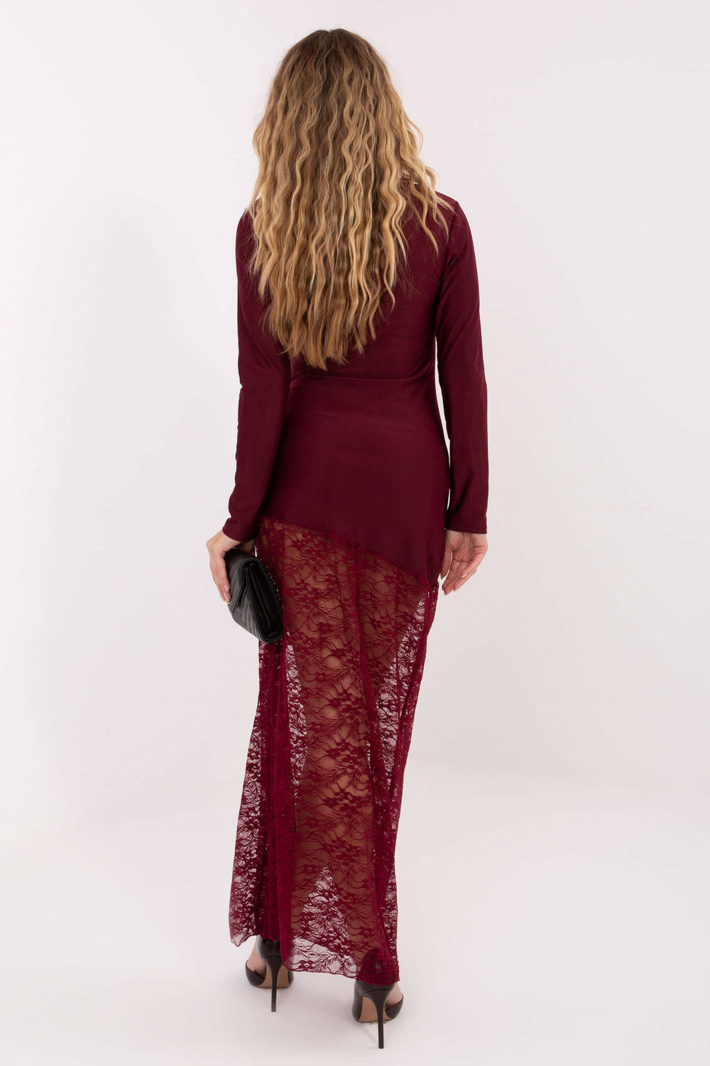Italy Moda Burgundy Lace Pleated Maxi Dress - view 3