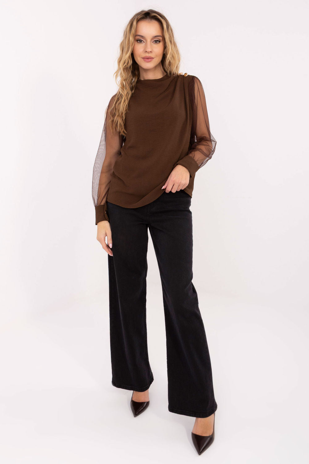 Italy Moda Brown Mesh Pleated Blouse - view 2