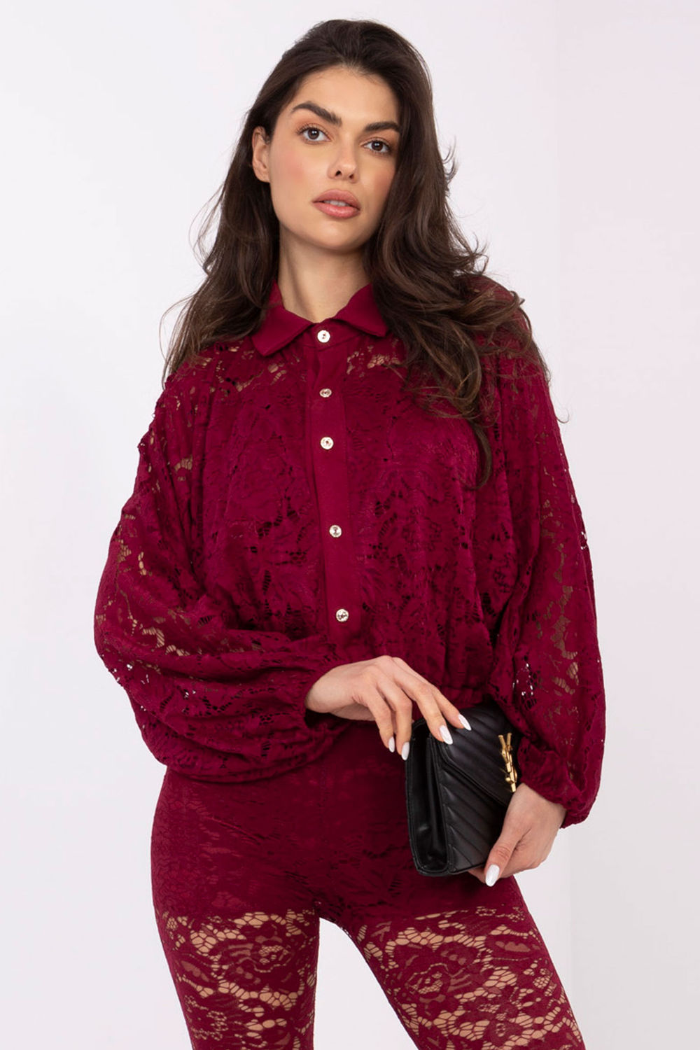 Italy Moda Burgundy Collared Lace Long Sleeve Top