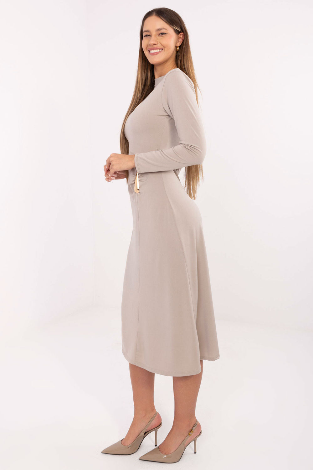 Italy Moda Beige Midi Long Sleeve Dress - view 2