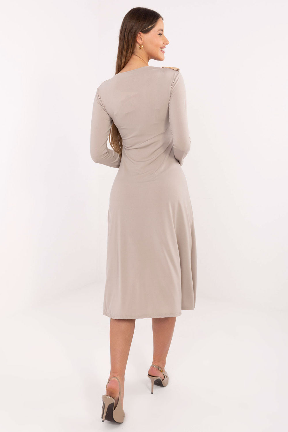 Italy Moda Beige Midi Long Sleeve Dress - view 3