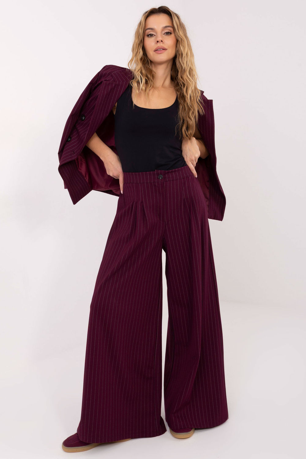 Rue Paris Burgundy Striped Pleated Trousers