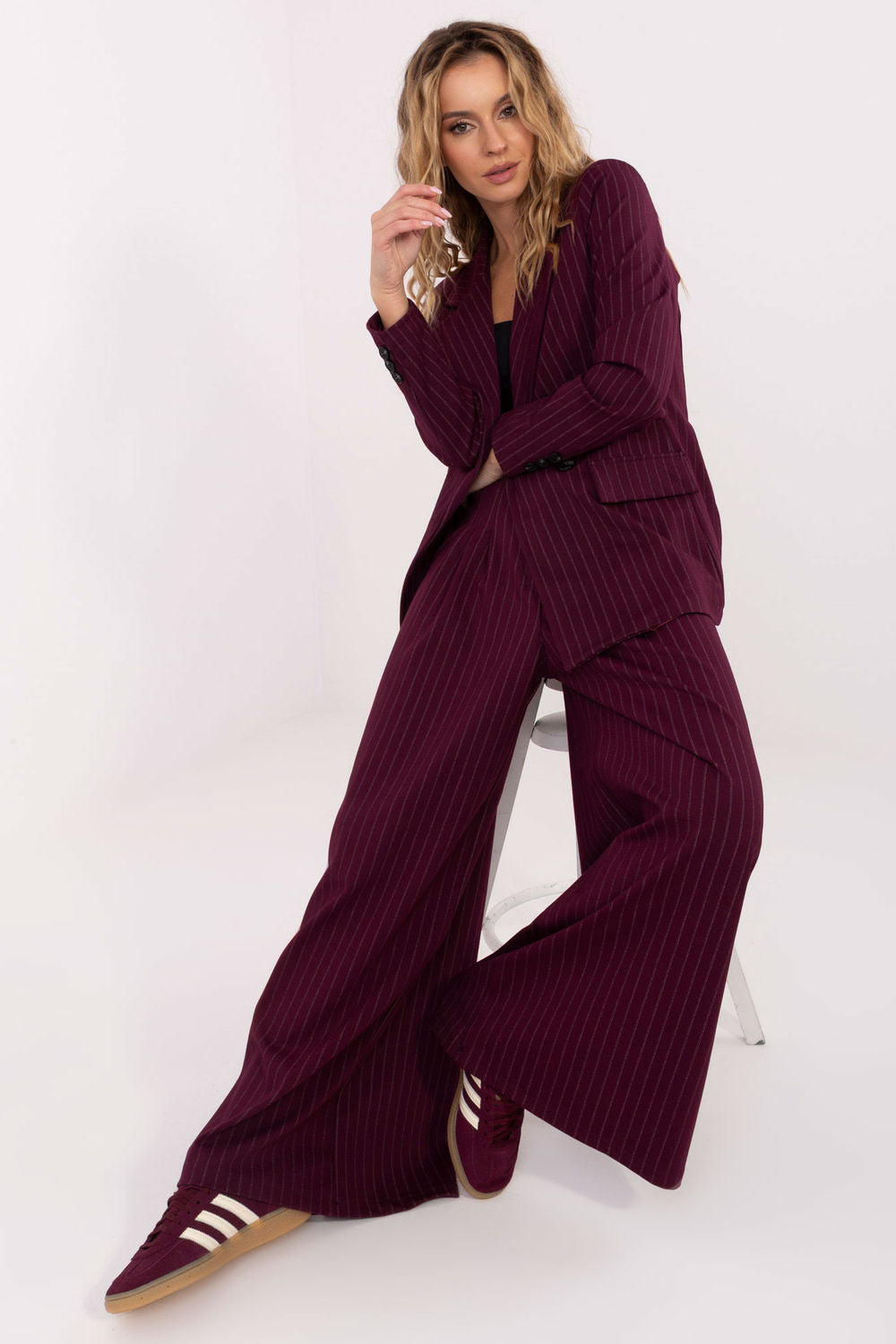 Rue Paris Burgundy Striped Pleated Trousers - view 3