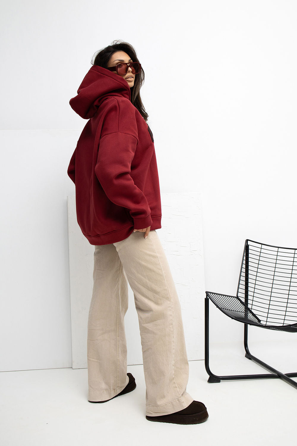 Rue Paris Burgundy Loose Fit Hooded Long Sleeve Sweatshirt - view 3