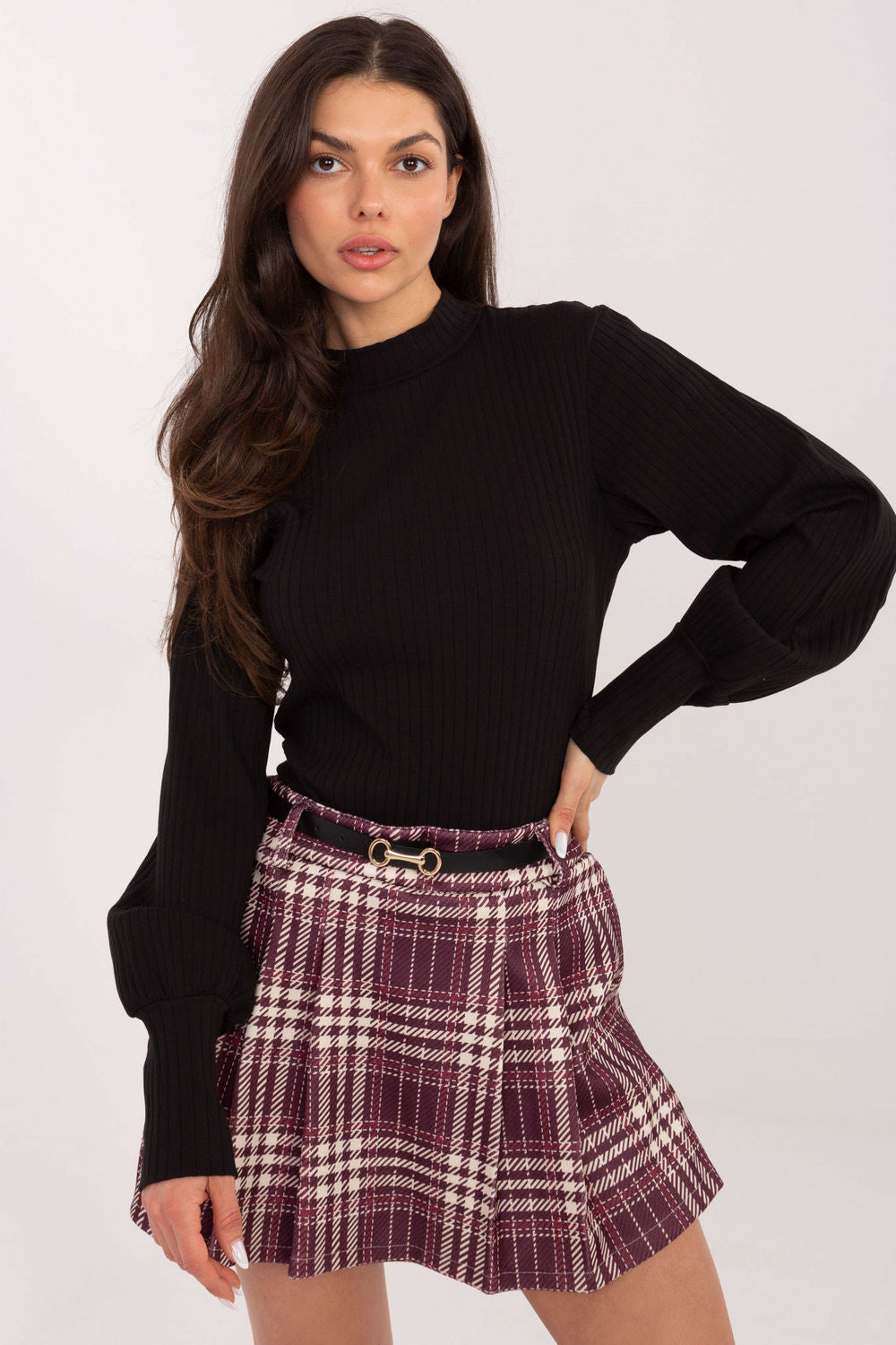Italy Moda Burgundy Polyester Pleated High Waisted Skort