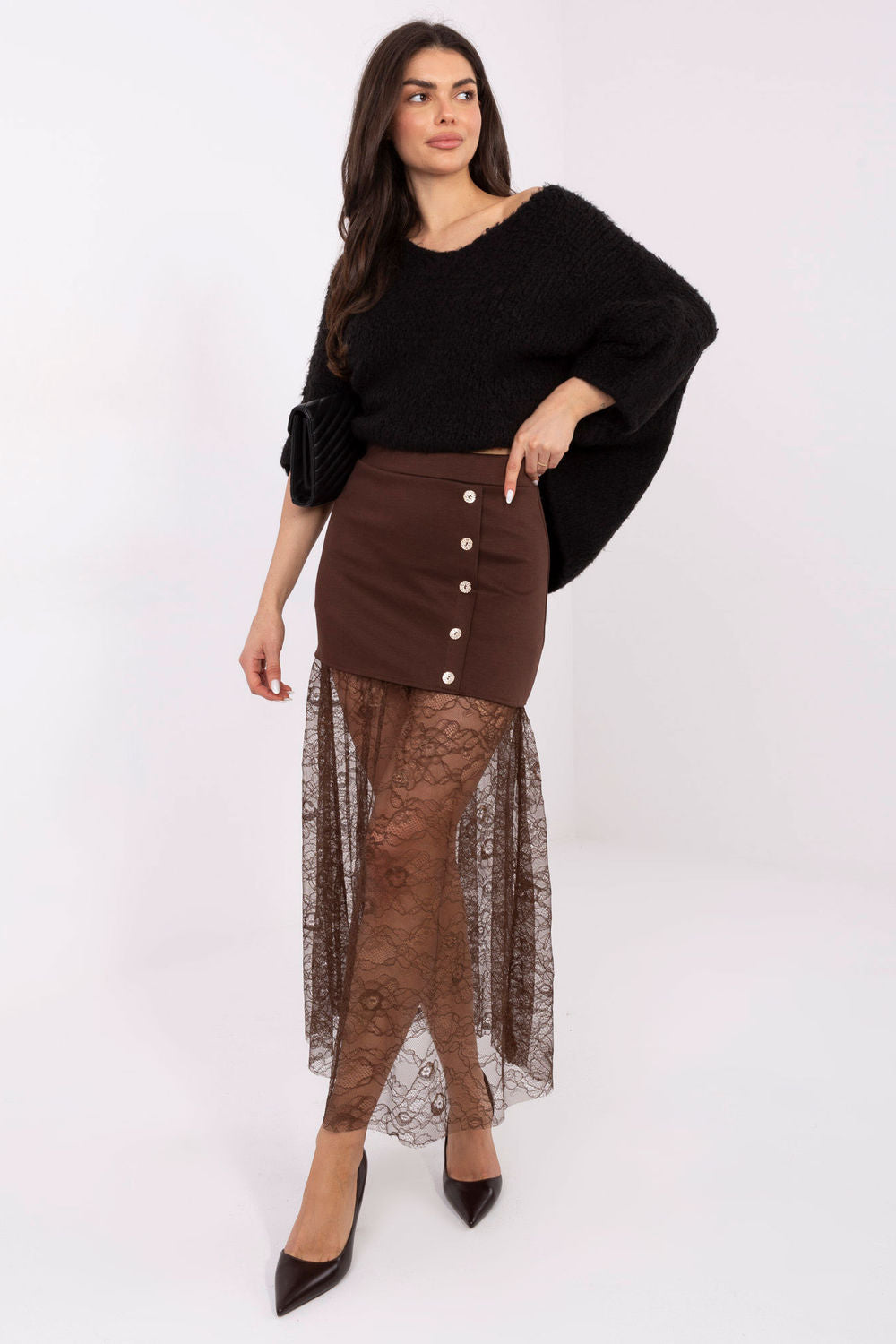 Italy Moda Brown Midi Lace Skirt