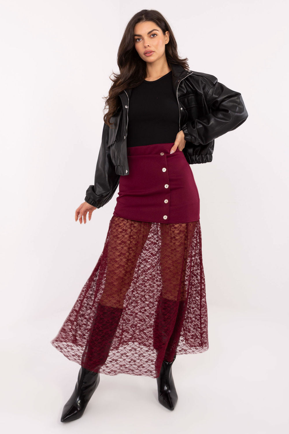 Italy Moda Burgundy Midi Lace Skirt