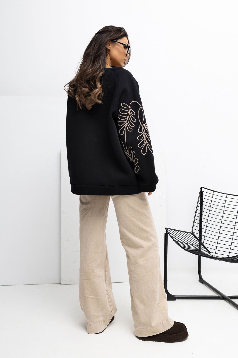 Rue Paris Black Puff Sleeve Cotton Sweatshirt - view 3