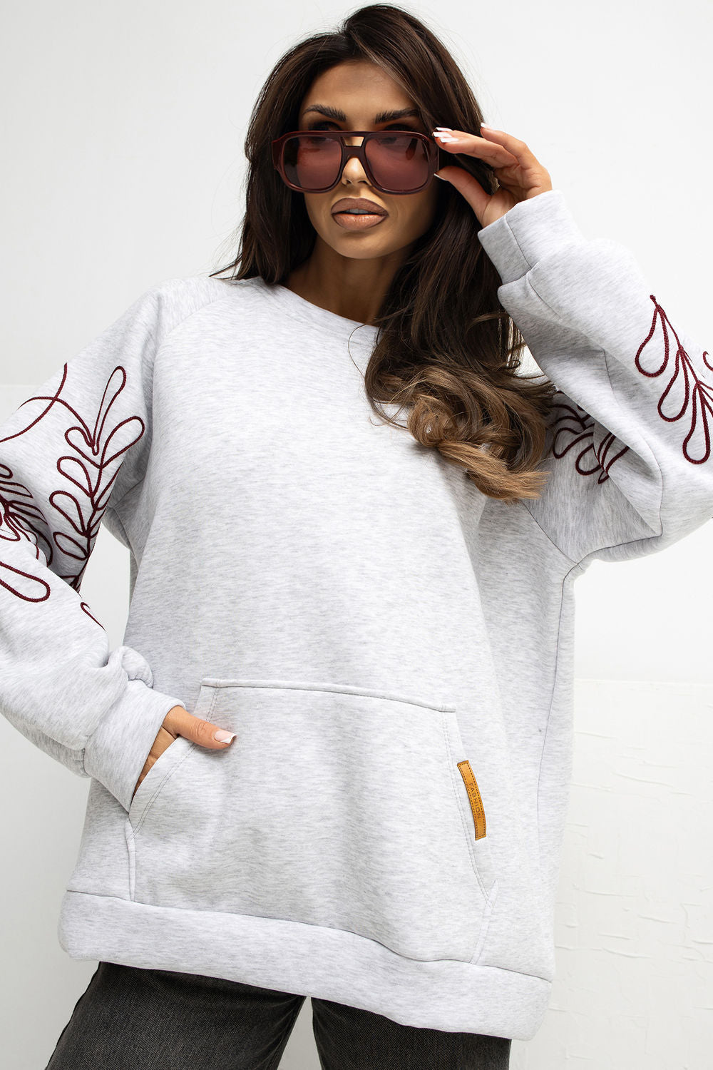 Rue Paris Light Grey Puff Sleeve Cotton Sweatshirt