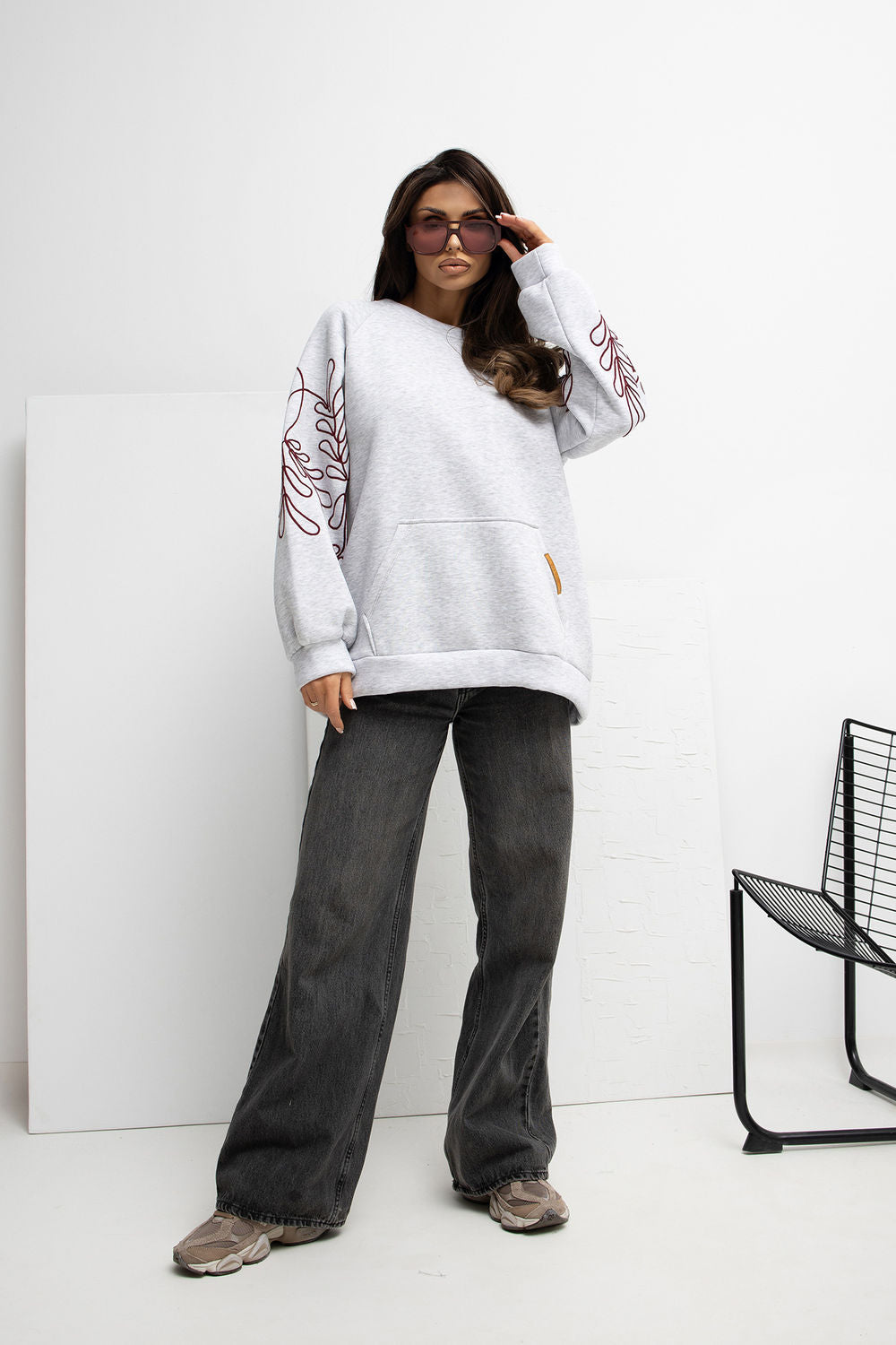 Rue Paris Light Grey Puff Sleeve Cotton Sweatshirt - view 2