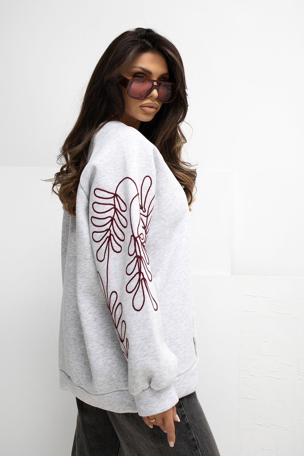 Rue Paris Light Grey Puff Sleeve Cotton Sweatshirt - view 3