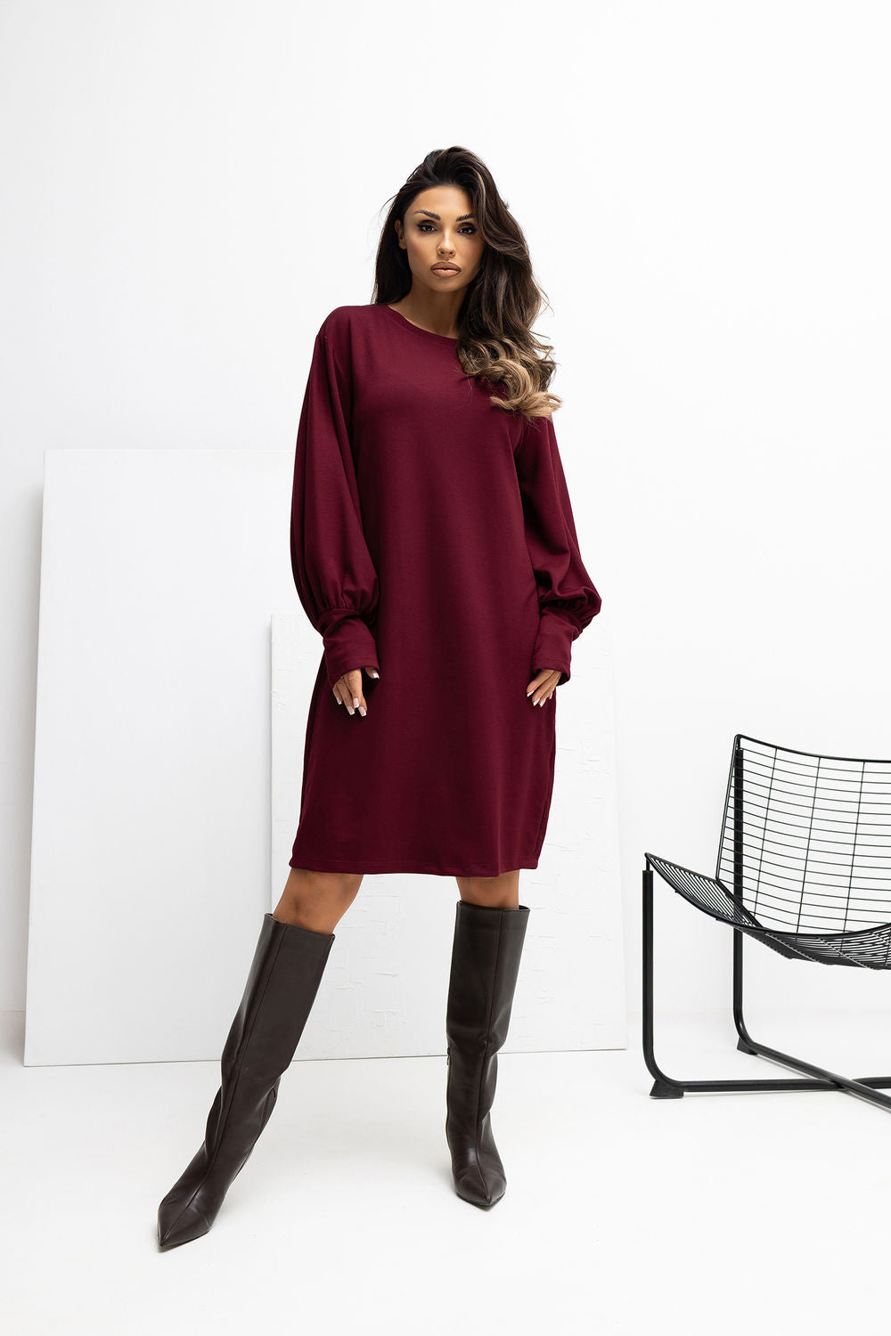 Rue Paris Burgundy Puff Sleeve Dress - view 2