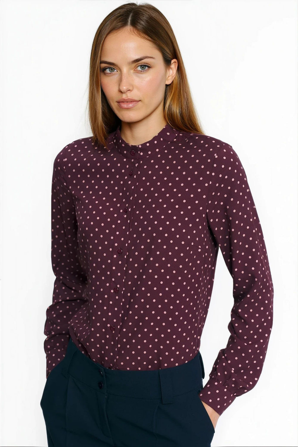 Nife Burgundy Stand Collar Polka Dot Long Sleeve Top