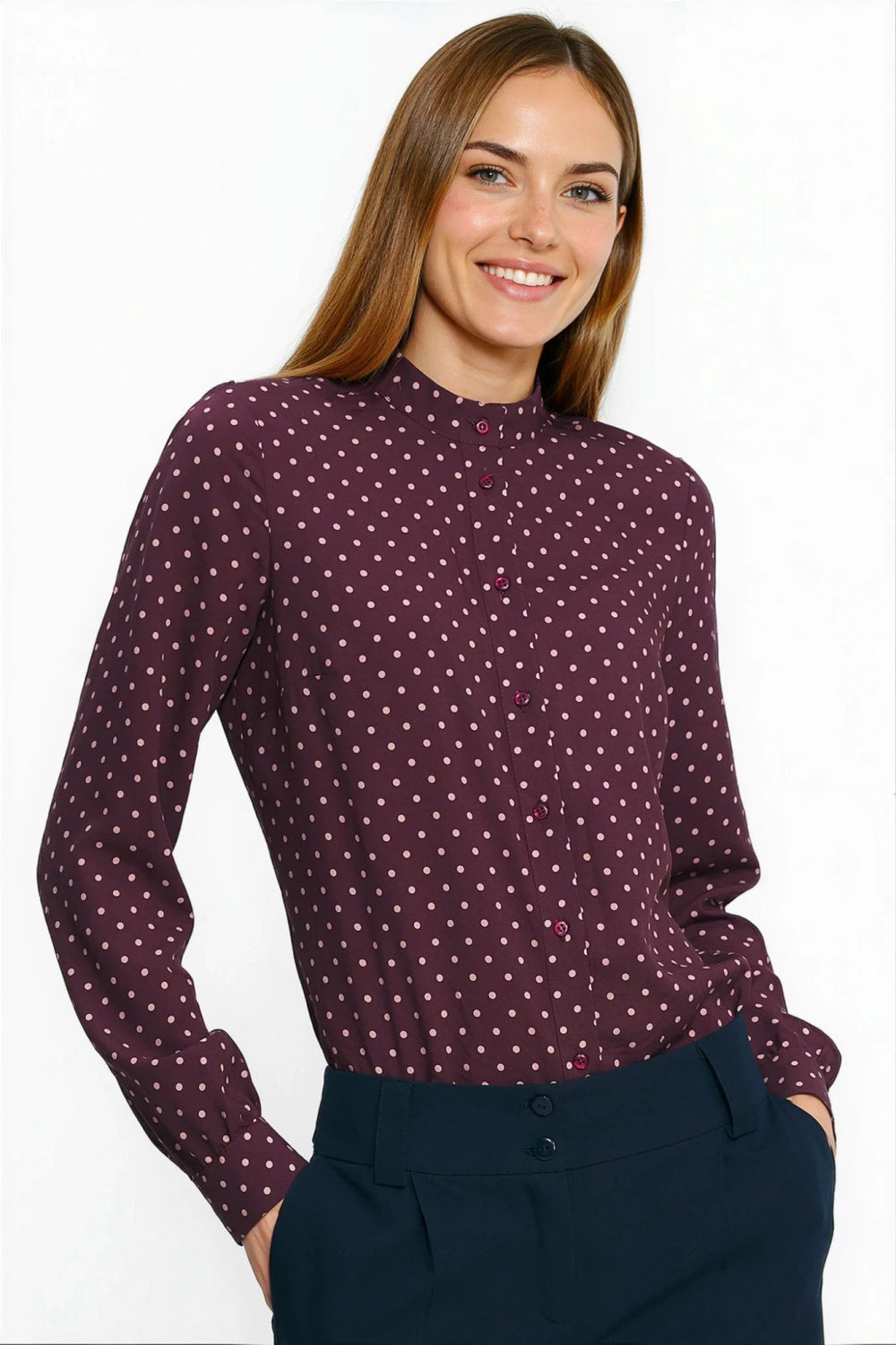 Nife Burgundy Stand Collar Polka Dot Long Sleeve Top - view 2