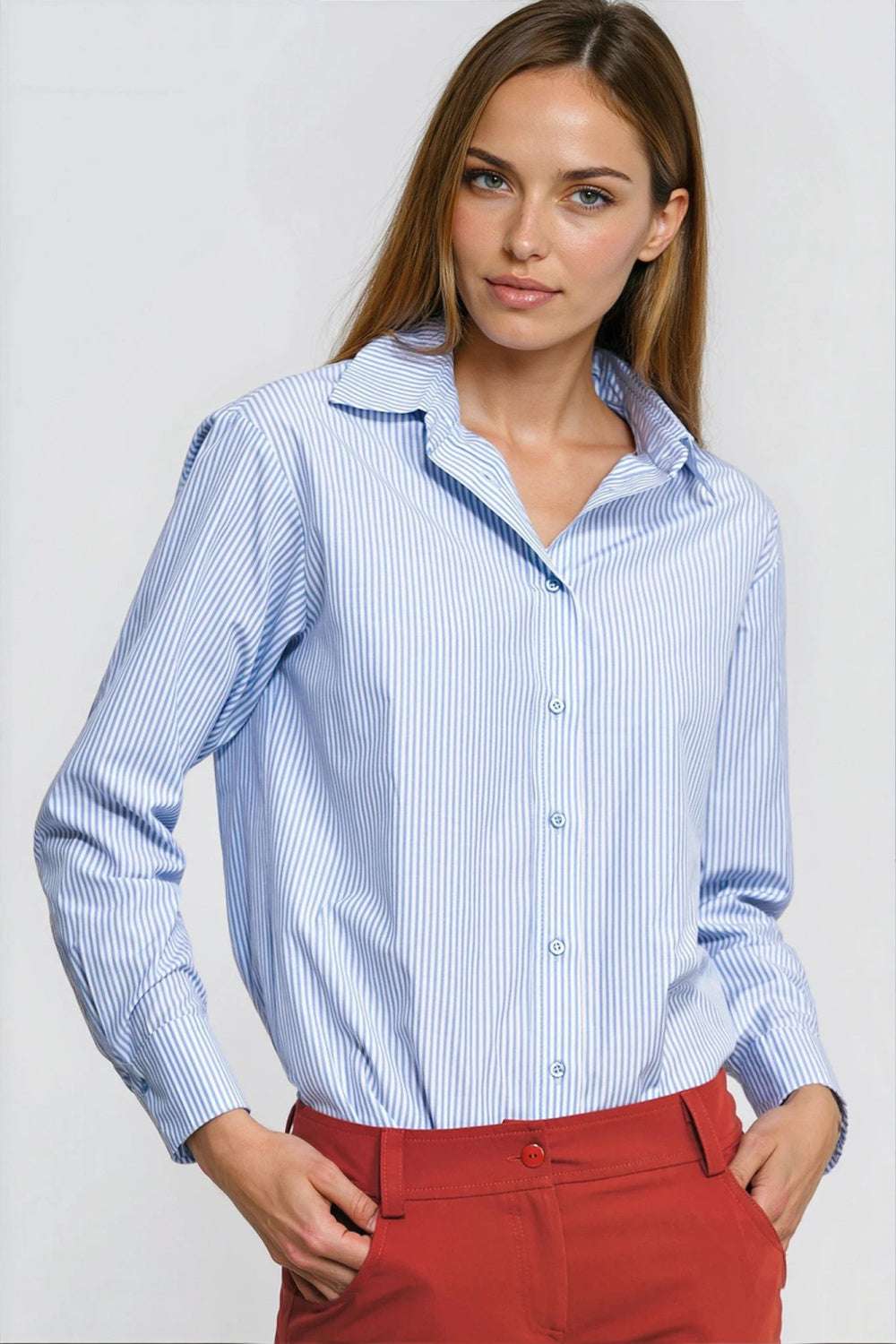 Nife Blue Striped Cotton Long Sleeve Top