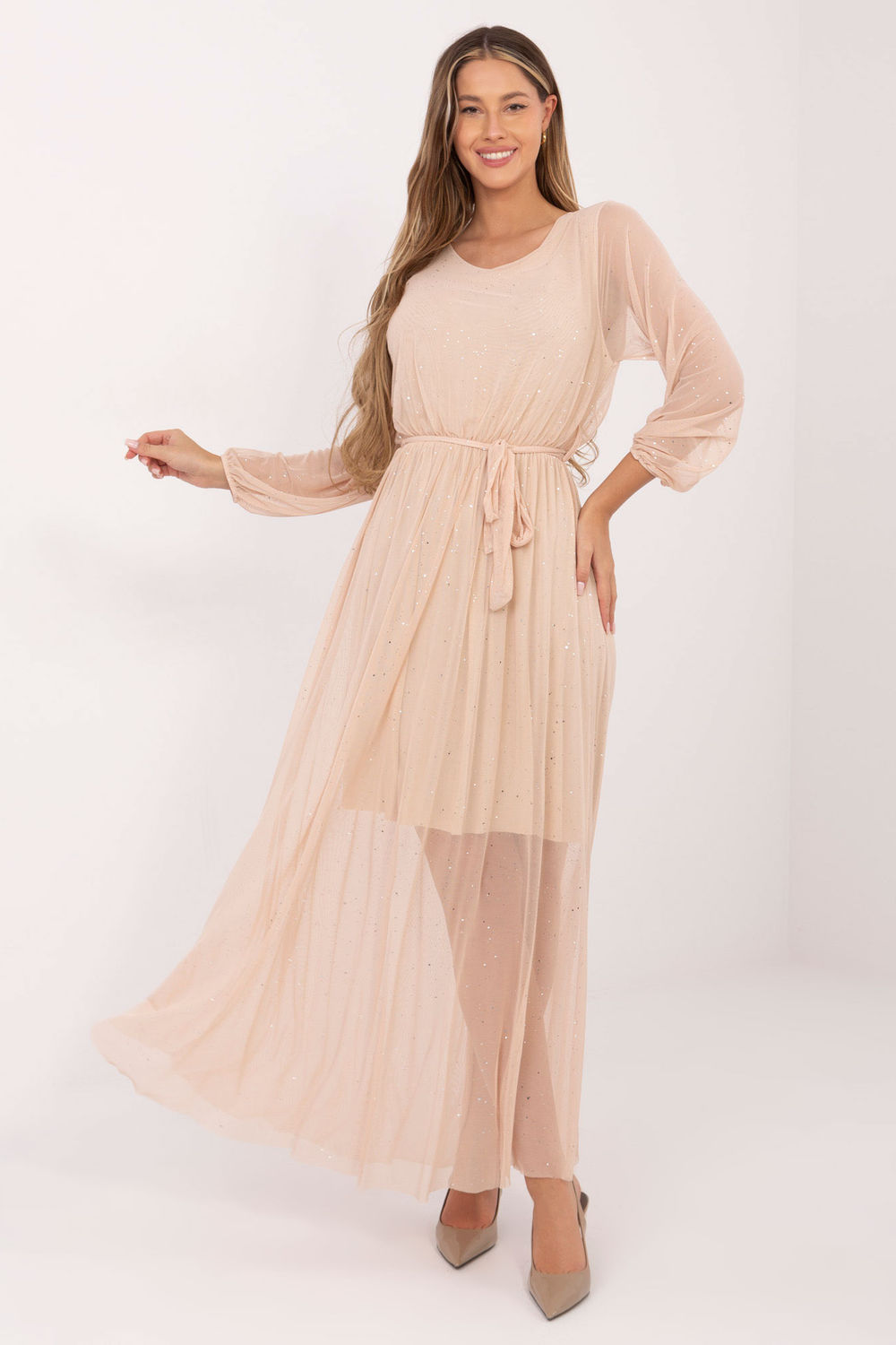 Italy Moda Beige Mesh Flared Maxi Dress