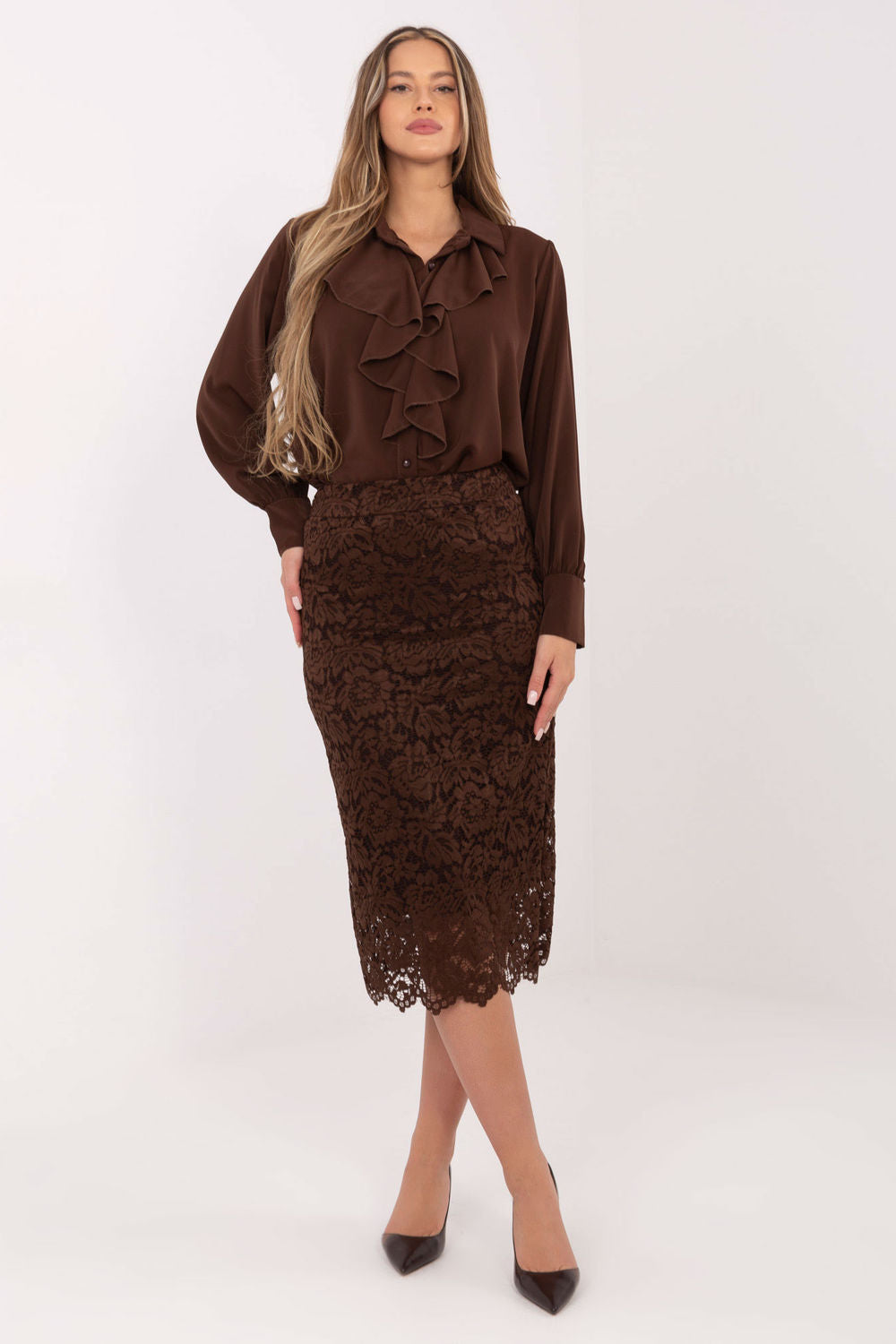 Italy Moda Brown Lace Midi Skirt