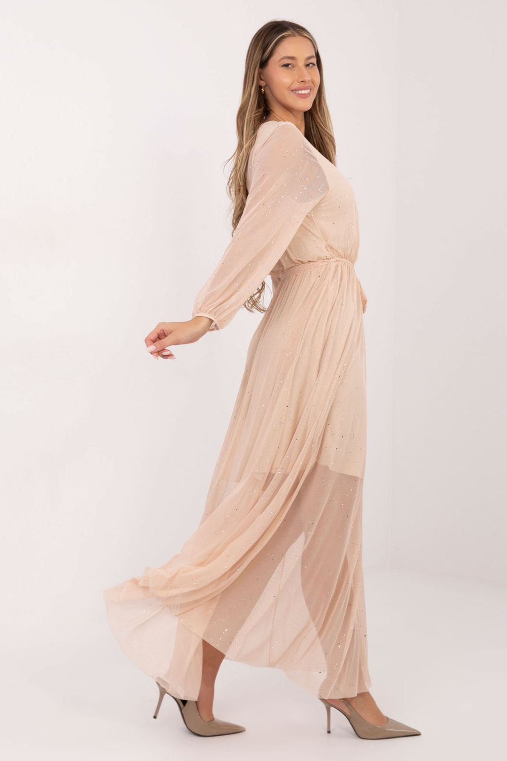 Italy Moda Beige Mesh Flared Maxi Dress - view 3