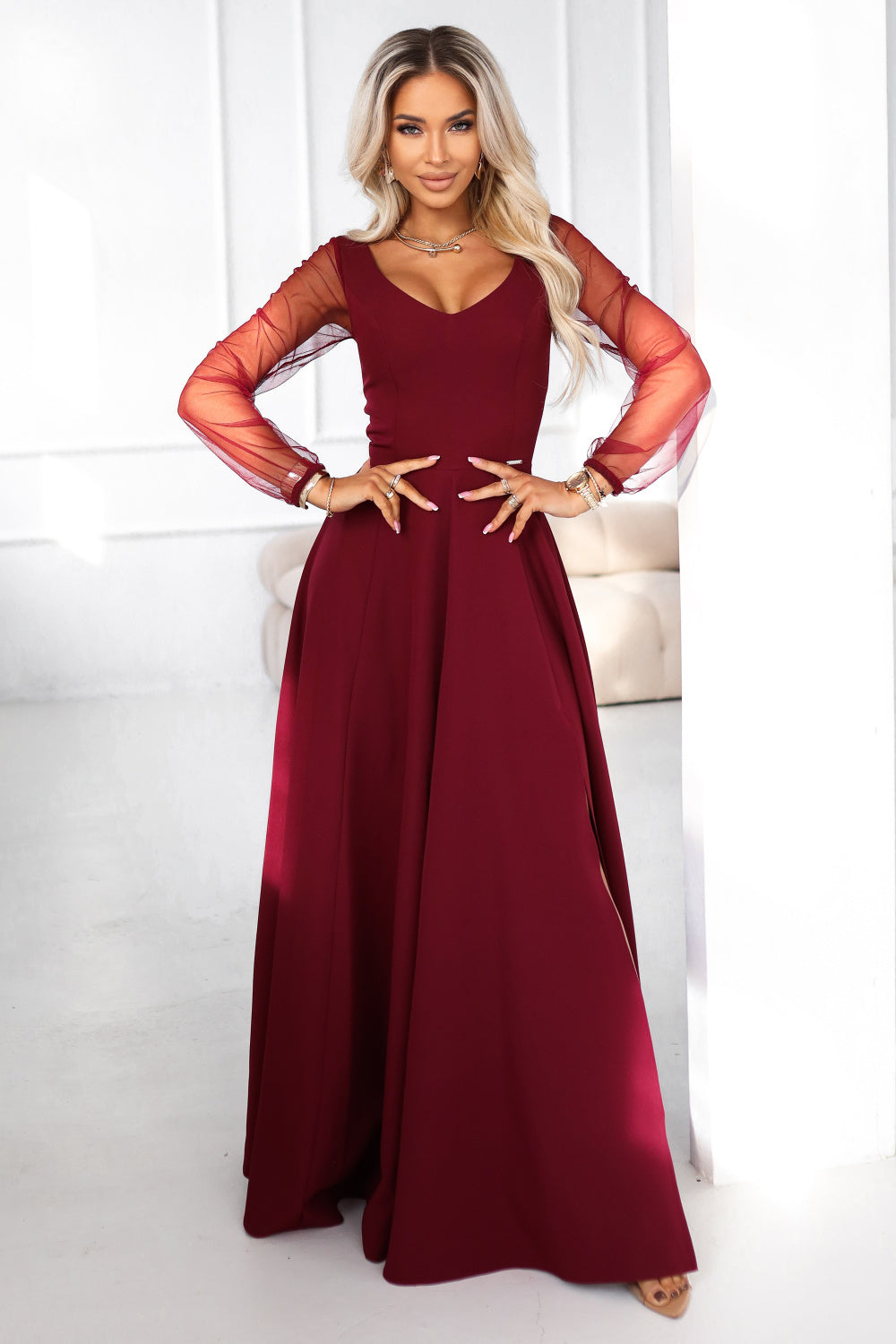 Numoco Loretta Burgundy Mesh Flared Maxi Dress
