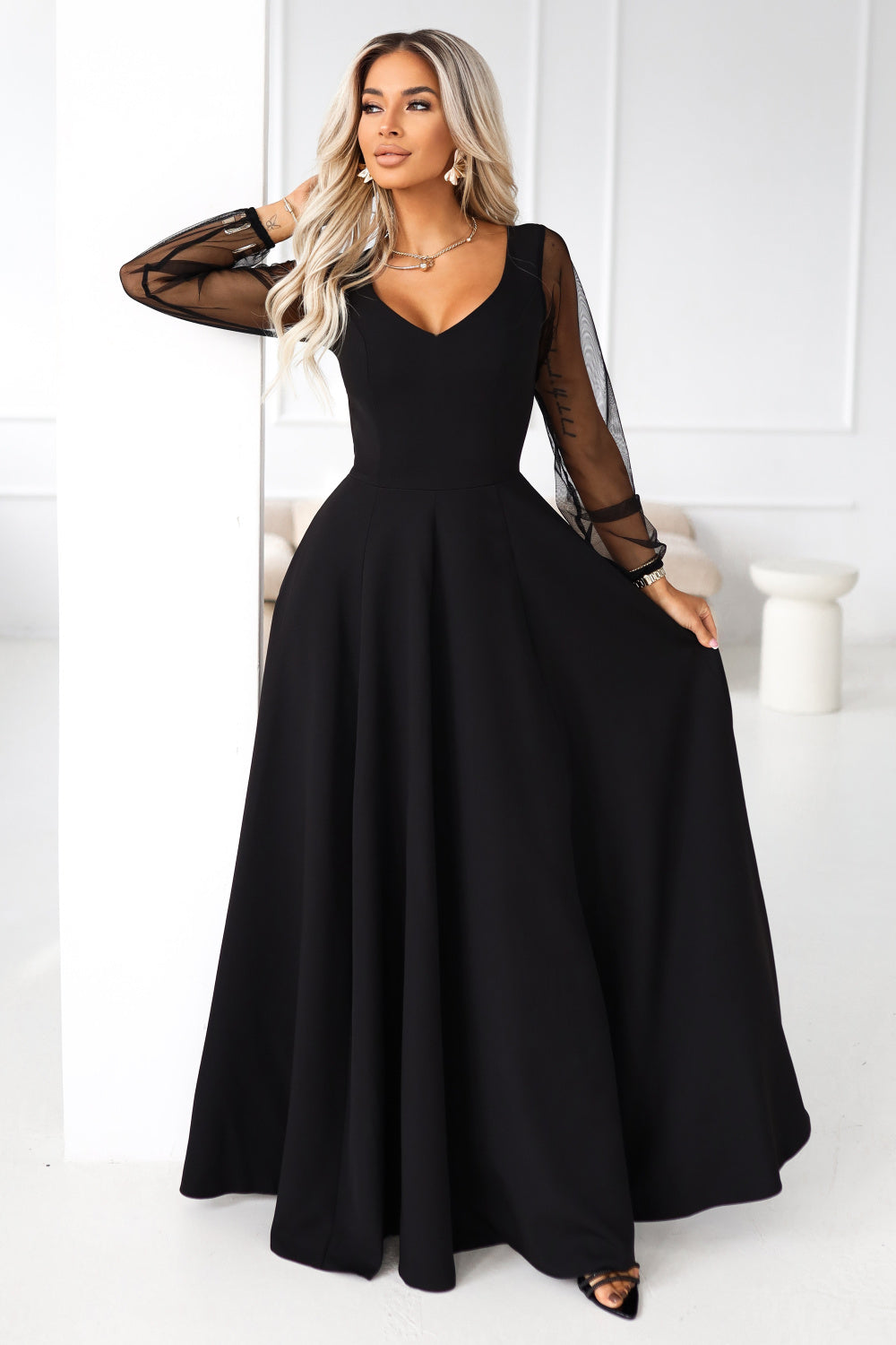 Numoco Loretta Black Mesh Flared Maxi Dress