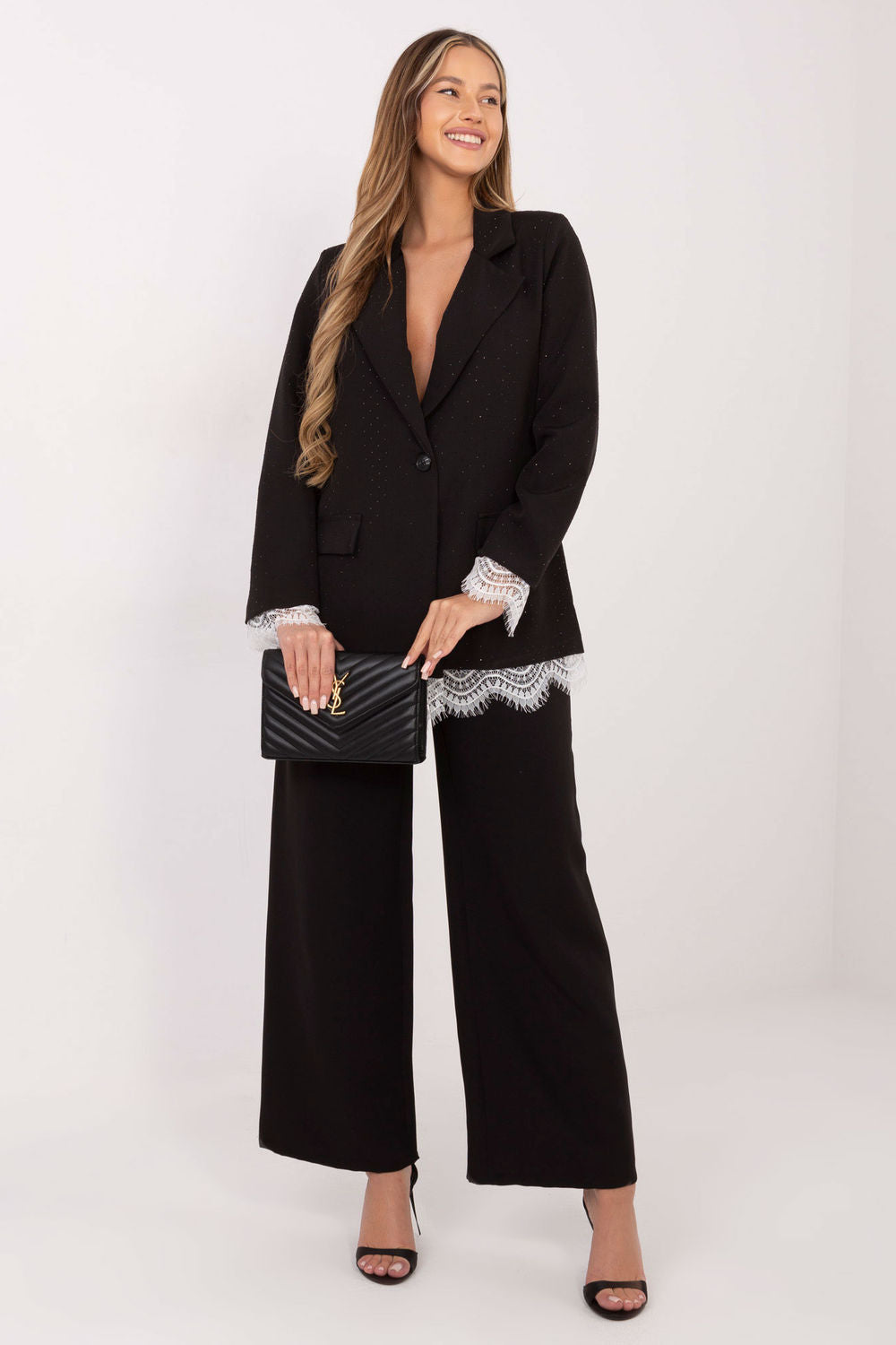 Italy Moda Black Button Front Lace Long Sleeve Jacket - view 2