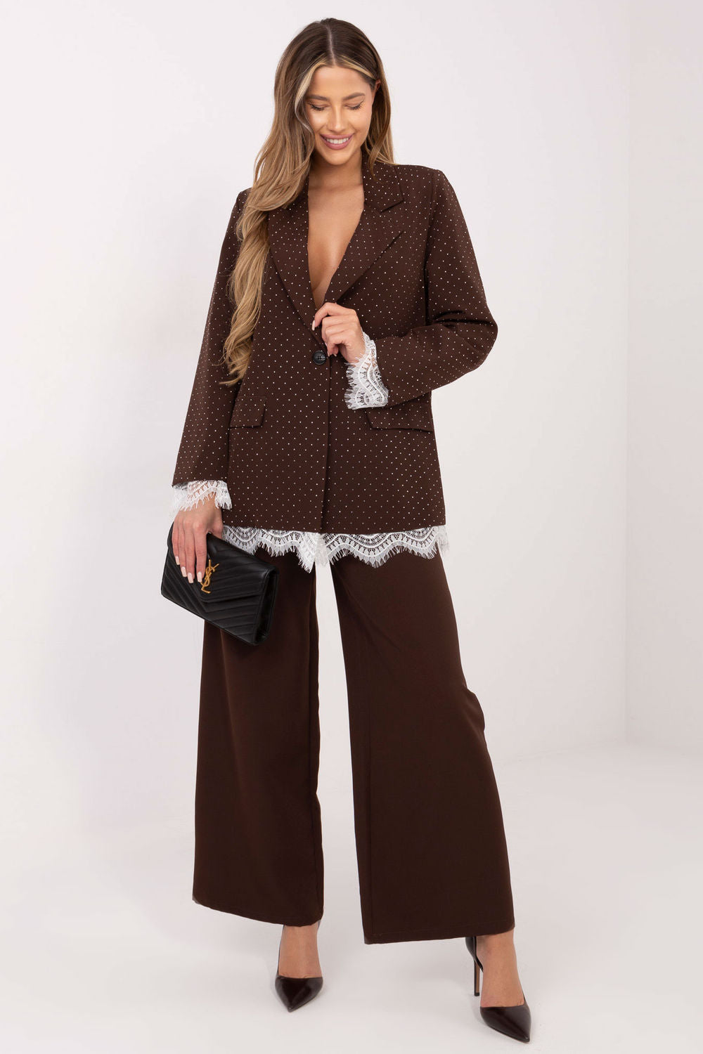 Italy Moda Brown Button Front Lace Long Sleeve Jacket - view 2