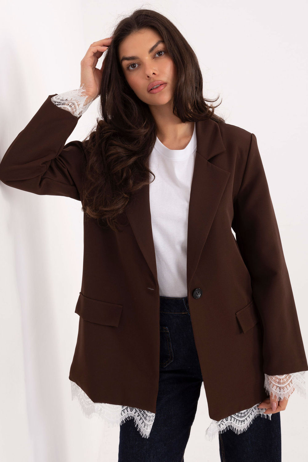 Italy Moda Dark Brown Lace Long Sleeve Jacket